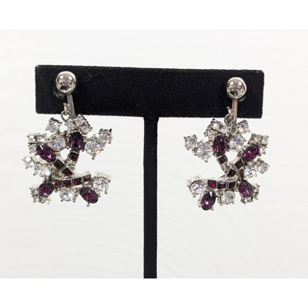 Vintage Rhinestone‎ Starburst Clip On Earrings Purple Red Floral